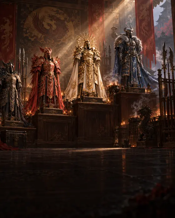 Quatro armaduras ornamentadas em fila, cada uma mais imponente, num arsenal de templo